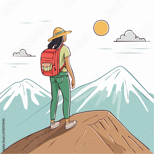 Lone hiker enjoys Mountain view after reaching Summit during daytime