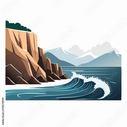 Dramatic rocky coastline landscape at dawn, waves hitting the cliffs