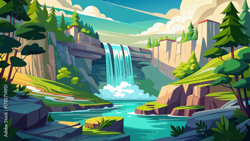 Very beautiful view of Minnehaha Falls in Minneapolis, Minnesota, USA, featuring cascading water, surrounding greenery, rocky cliffs, and a realistic serene natural landscape.