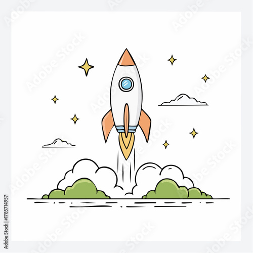 Rocket taking off from green landscape towards stars in the sky