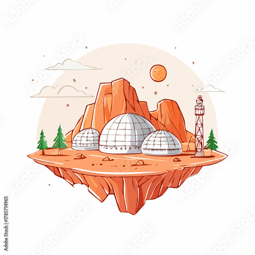 City base on Mars with biodomes and red rock formations