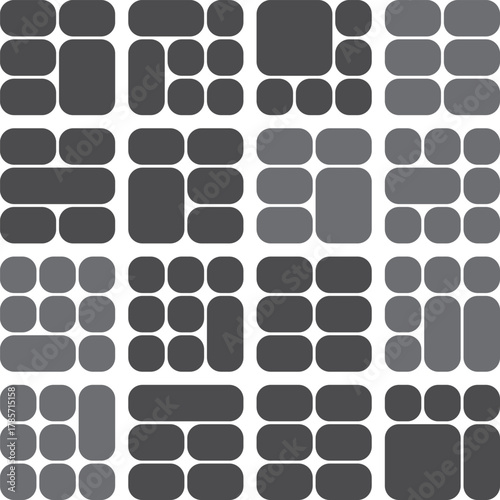 Abstract geometric pattern with modular gray rounded rectangles and squares