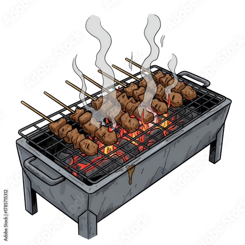 the process of grilling satay on a hot grill. isolated on a white background.