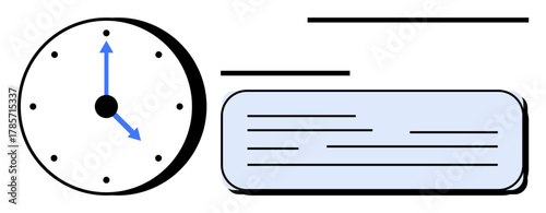 Analog clock showing specific time beside a text box highlighting time management, scheduling, productivity, deadline importance, organization, planning, daily routines. A simple flat metaphor