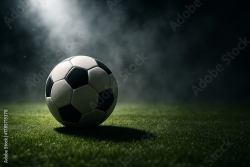 Classic black and white soccer ball on grassy field under dramatic spotlight with fog and shadows in background, symbolizing competitive sport concept. Ai generative