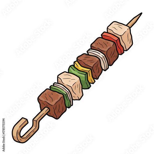 Satay is a piece of meat and vegetables skewered using bamboo. Isolated on a white background.