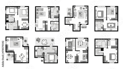 Diverse collection of contemporary residential floor plans, showcasing various apartment and house layouts for architectural visualization and interior design concepts