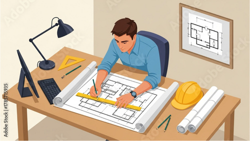 Architect at his desk drafting a detailed building blueprint, a concept of professional design and precision