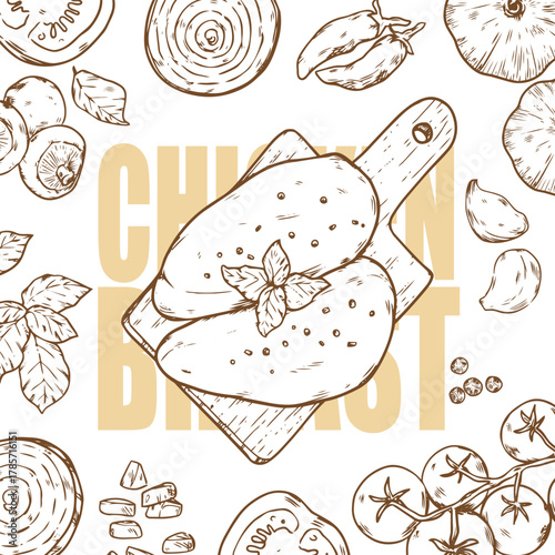 hand drawn chicken breast preparation and cooking ingredients outline drawing illustration