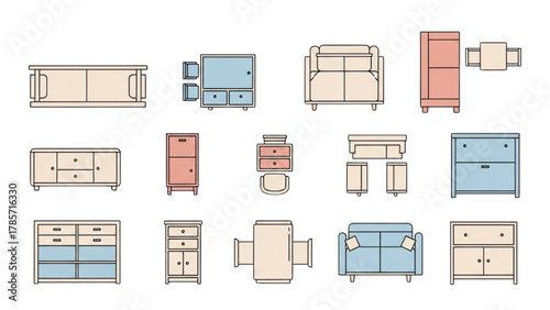 Furniture Arrangement Top-Down Views of Couches, Cabinets, and Tables