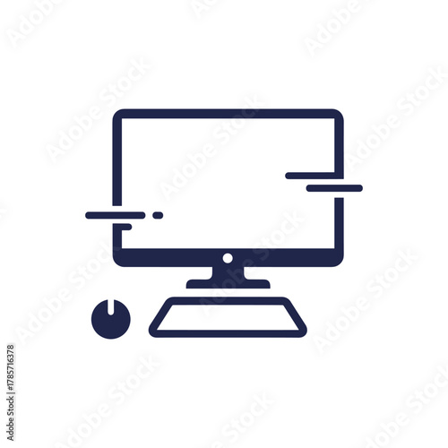 A minimalist dark blue icon representing a computer monitor with a mouse, symbolizing technology and digital devices.