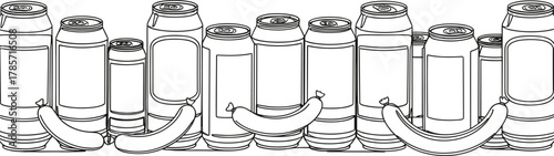Black and white line art illustration of beer cans and sausages, minimalist vector design representing barbecue food and drink concept.