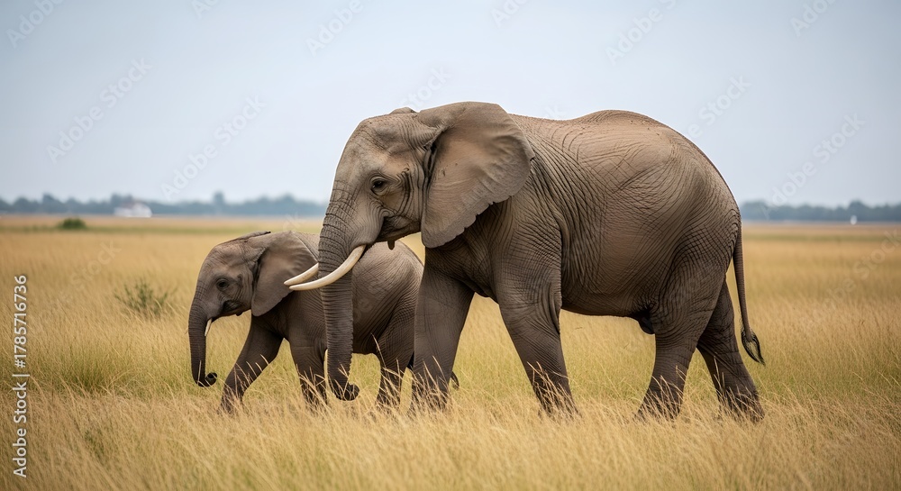 Fototapeta premium African elephants walking through tall grass in serengeti national park tanzania safari adventure trip