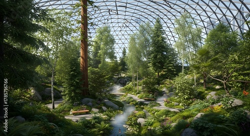Indoor forest landscape under glass dome with trees plants and water features for nature lovers escape