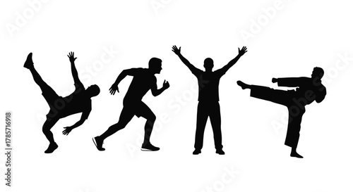 Dynamic action silhouettes capture athletic movement and martial arts prowess