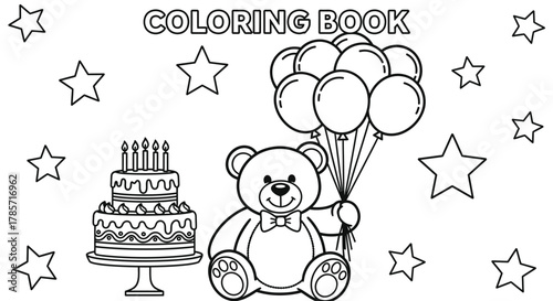 Cute teddy bear with balloons and birthday cake coloring page fun