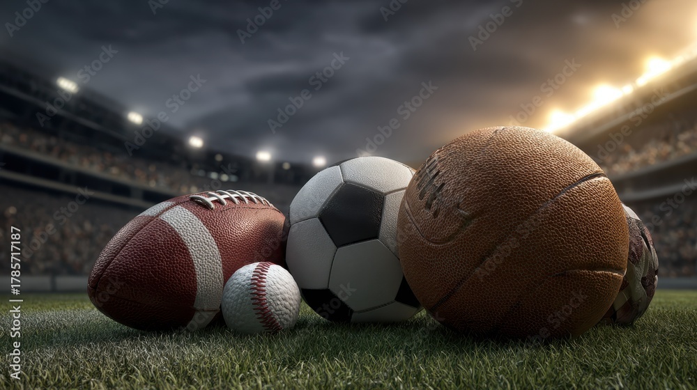 Naklejka premium Various sports balls arranged on grassy field in a stadium showcasing multiple sports in vibrant atmosphere during competitive event