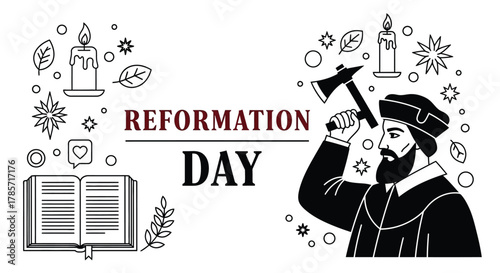 Reformation Day celebration with historical figure, book, candle, and leaves