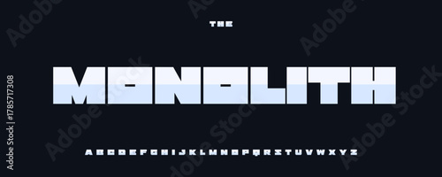 Monolith Heavy Font, Squared Geometric Alphabet, Steel Metallic Type for Sport Techno Industrial Digital Tech Logo and Headline. Strong Typographic Design. Fat Rectangular Fonts. Vector Typeset