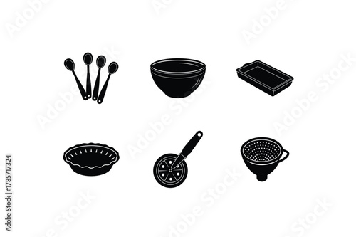 Household baking tools bowl tray measuring spoons cutter pie dish vector illustration