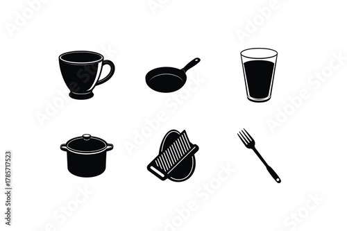 Cooking utensils set frying pan cup glass pot fork vector art