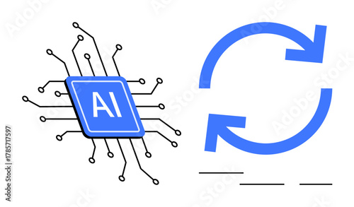 Microchip labeled AI with electronic circuits connected to a bold refresh arrow. Ideal for technology, innovation, machine learning, automation, data, artificial intelligence, continuous improvement