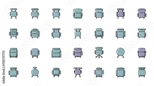 Collection of various armchair icons in different styles and colors