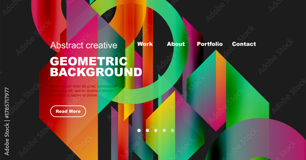 Naklejka premium Vibrant geometric shapes overlap, creating colorful abstract background. Website header includes navigation options, text, button.