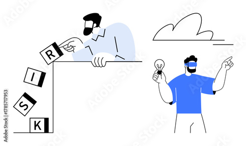 Man pushes blocks labeled RISK over edge while another holds a lightbulb, promotes solutions. Ideal for creativity, innovation, decision-making, responsibility, risk management, problem-solving