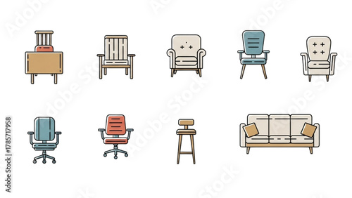 Diverse Set of Minimalist Furniture Icons for Interior Design Projects