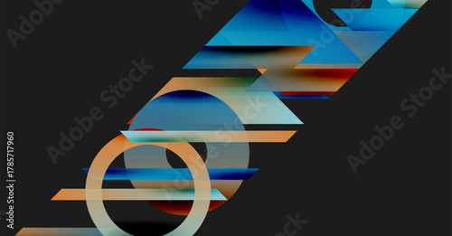 Abstract geometric shapes overlap, creating dynamic composition. Blue, orange hues dominate dark background. Modern design elements present.