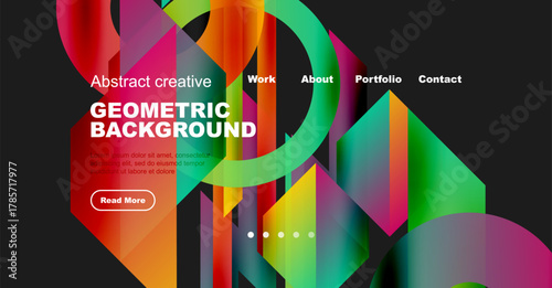 Vibrant geometric shapes overlap, creating colorful abstract background. Website header includes navigation options, text, button.