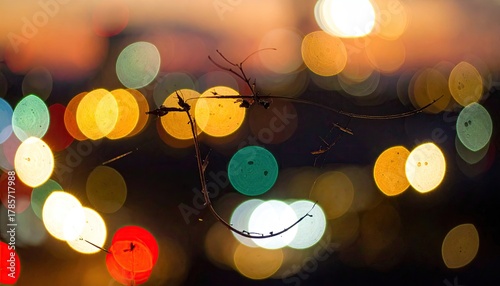 Blurry city lights bokeh, with twig in foreground