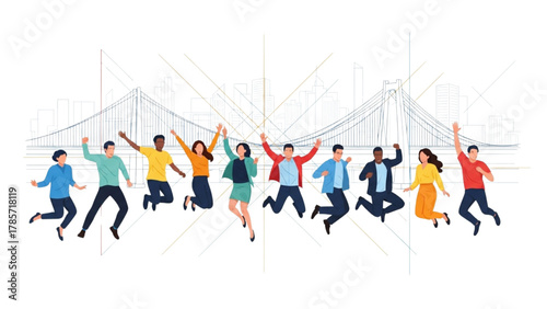 Diverse Group of Enthusiastic People Joyfully Leaping in Unison, Celebrating Achievement and Community Spirit with Cityscape Background