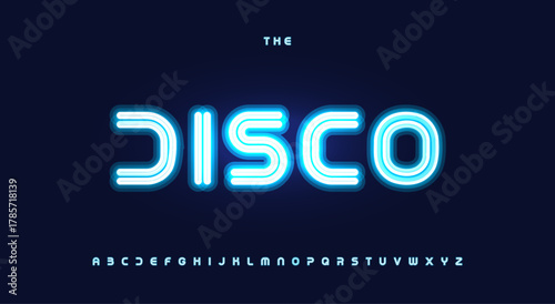Glow Blue Neon Font Logo Alphabet for Online Casino Betting Retro Disco Bar Sign Title Banner Poster Flyer. Glowing Fonts. Luminous Cyberpunk Cyan Electric Light Nightlife Typography. Vector Typeset