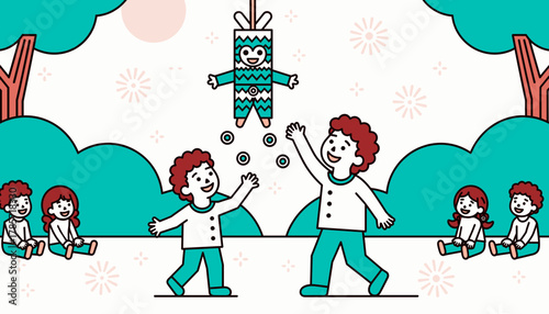 Children reaching for falling candy from piñata in park, joyful celebration