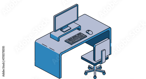 Modern office workspace with computer, keyboard, and chair, ready for work