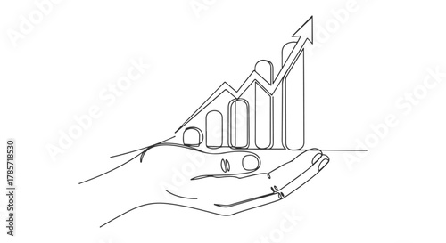 continuous line drawing of a hand holding a growing business bar chart with upward arrow