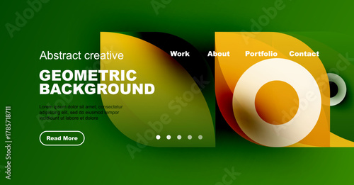 Modern website header design. Green background features abstract shapes, text, navigation options, button. Clean, vibrant aesthetic.