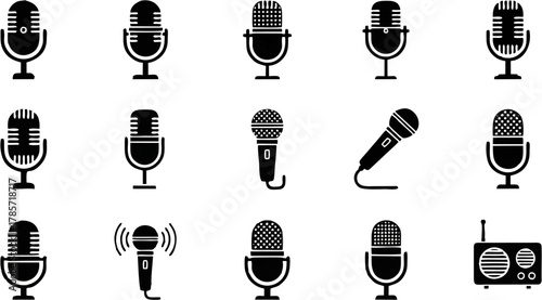 Collection of various monochrome microphone and radio designs on white background