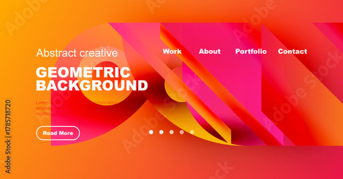 Bright geometric background features text, navigation, button. Orange, pink hues dominate design. Modern aesthetic.