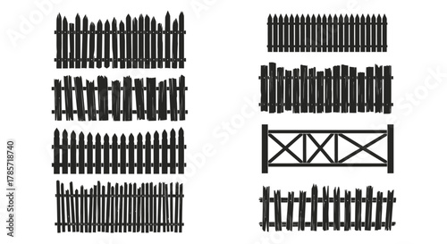 Variety of black fence designs for garden, backyard, and property borders isolated