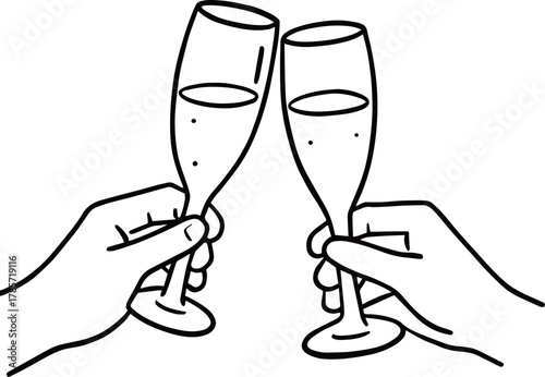 Two hands toasting with champagne glasses. Minimalist line art vector illustration for celebration, wedding, or New Year party.