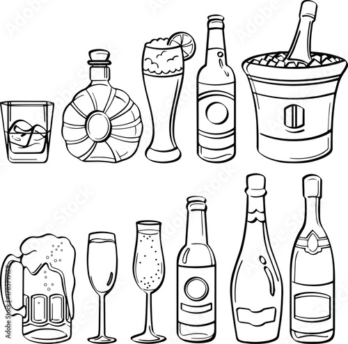 Collection of alcoholic beverages in hand-drawn line art style. Vector set including beer, wine, whiskey, cocktail, and champagne bottle.