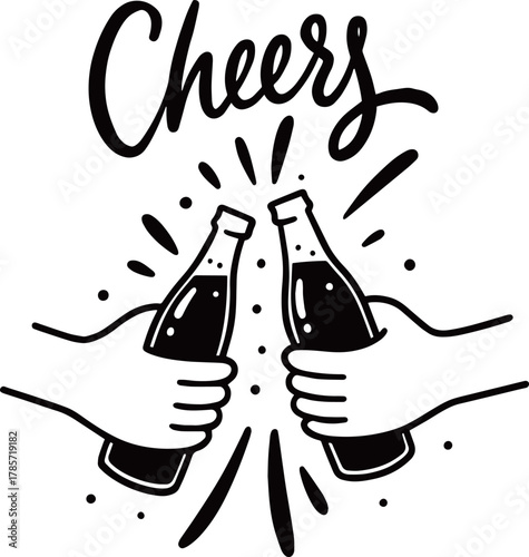 Hands toasting with beer bottles and "Cheers" lettering. Black vector illustration for party, celebration, or friendship concept.