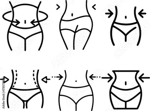 Weight loss and body shaping line icon set. Vector illustrations of female waist, slimming, diet, and liposuction concepts.
