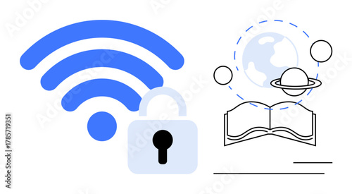 wireless symbol with padlock suggesting security, open book with global and planetary elements representing education. Ideal for technology, security, internet, e-learning, data protection, global