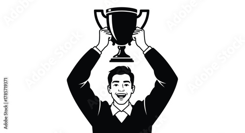 Victorious businessman celebrates success by holding trophy high in the air