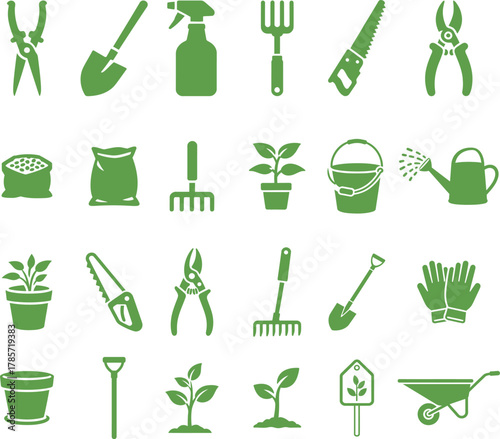Green silhouette icon set of gardening tools and equipment. Vector collection for garden work, agriculture, and planting.