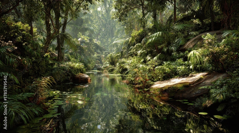 Obraz premium Lush green jungle with a serene waterway reflecting vibrant foliage under soft sunlight